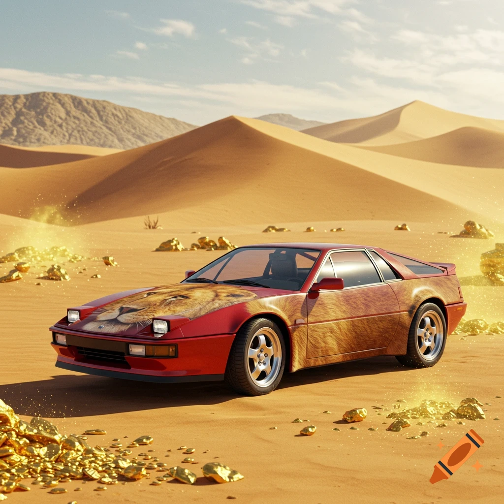 Red car with lion skin texture in a desert surrounded by gold nuggets.