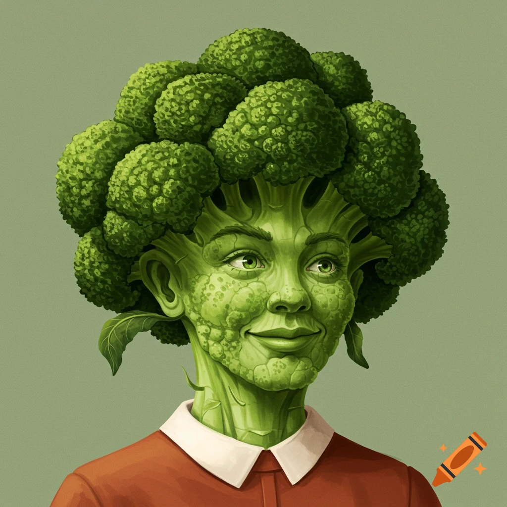 A person with broccoli for hair and skin, wearing a collared shirt.