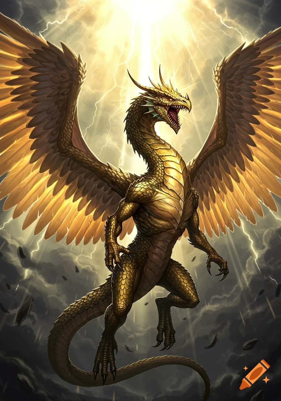 A golden dragon with large wings roaring in a stormy sky with lightning and light rays.