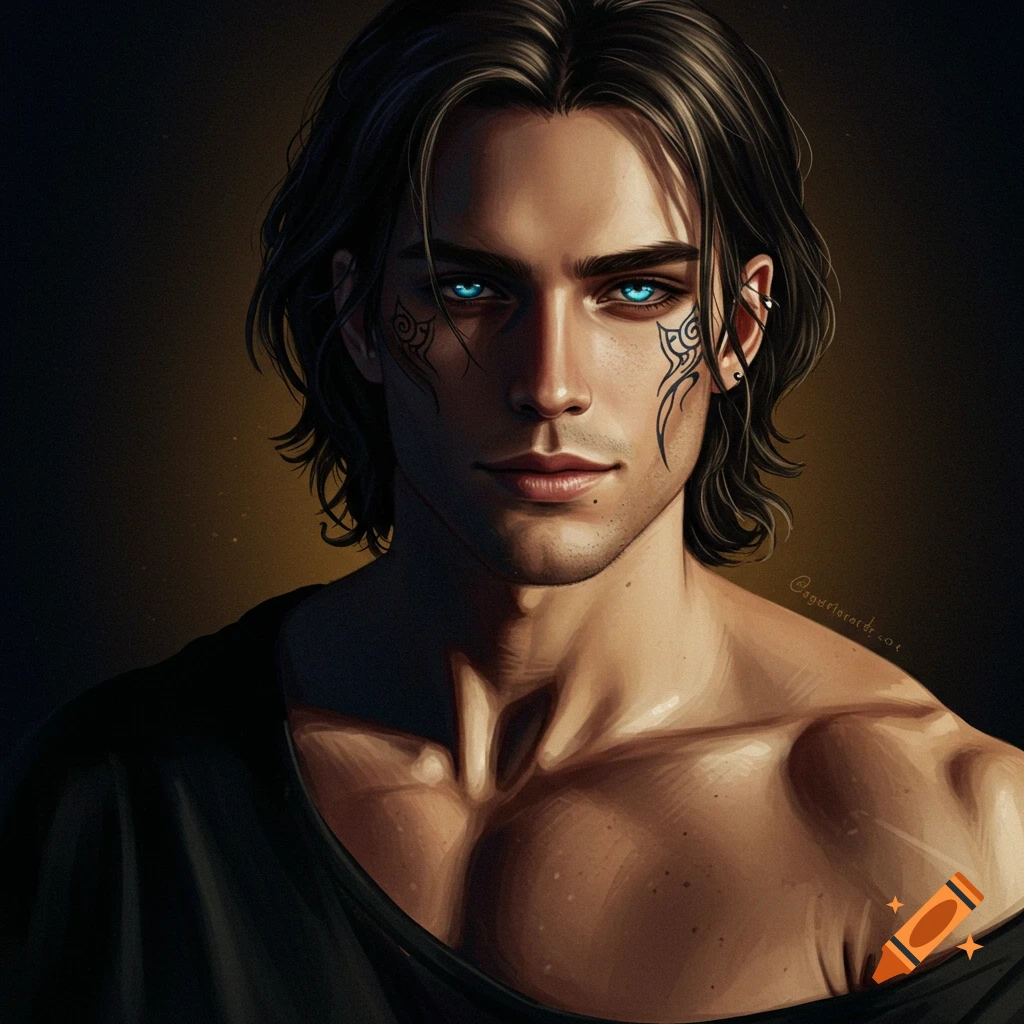 A man with a muscular build, bright blue eyes, and face tattoos wears a black shirt.