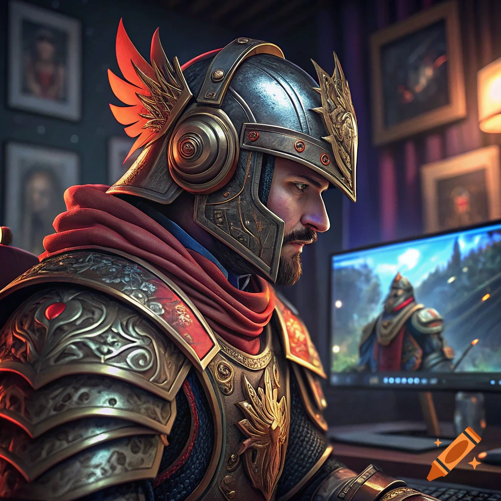A person in detailed golden and red knight armor with a winged helmet sits looking at a computer screen showing a video game.