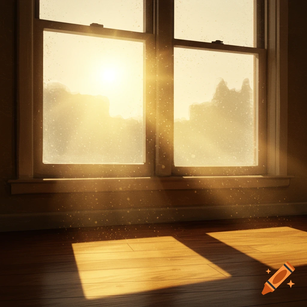 Sunlight streams through a window into a room with a wooden floor and visible dust motes.