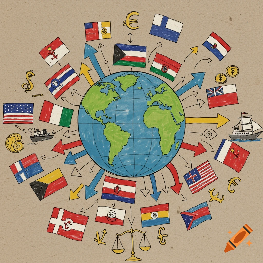 A drawing of a globe surrounded by various national flags, currency symbols, scales of justice, ships, and arrows.