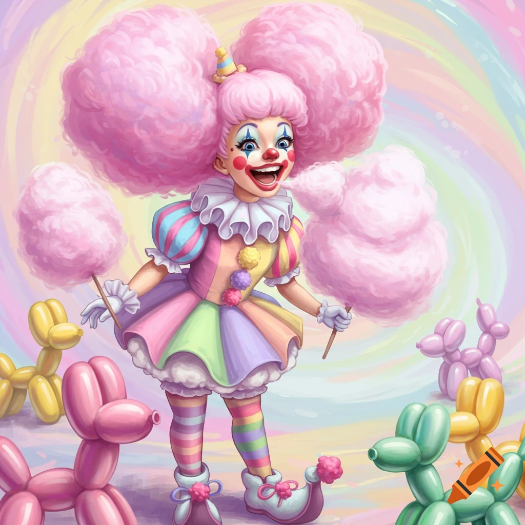 Colorful clowngirl with pink hair holding cotton candy, surrounded by balloon animals.
