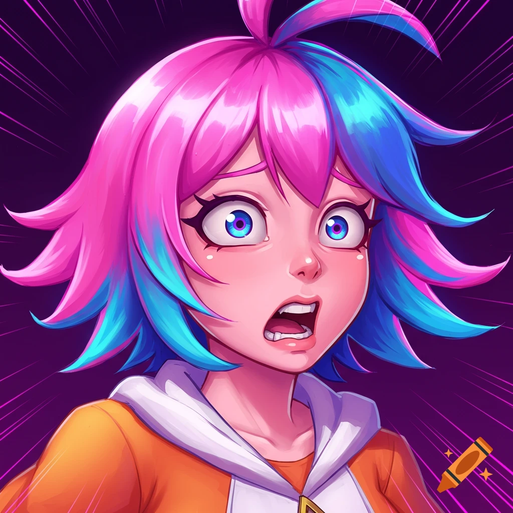 Anime style portrait of a girl with pink and blue hair, wide eyes, and a panicked expression, wearing an orange and white hoodie.