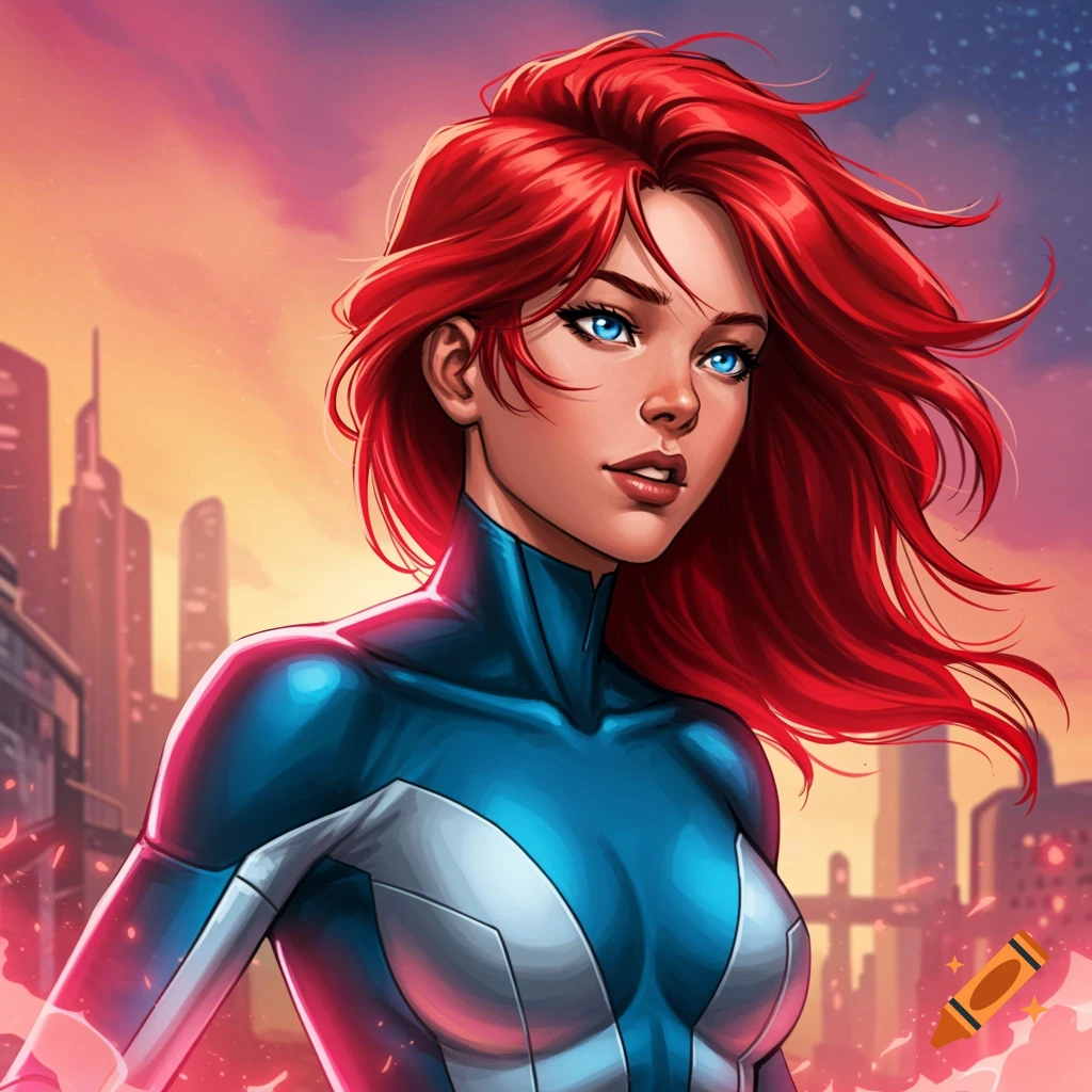 Red-haired superheroine in blue and silver suit stands against a futuristic cityscape in comic book style.