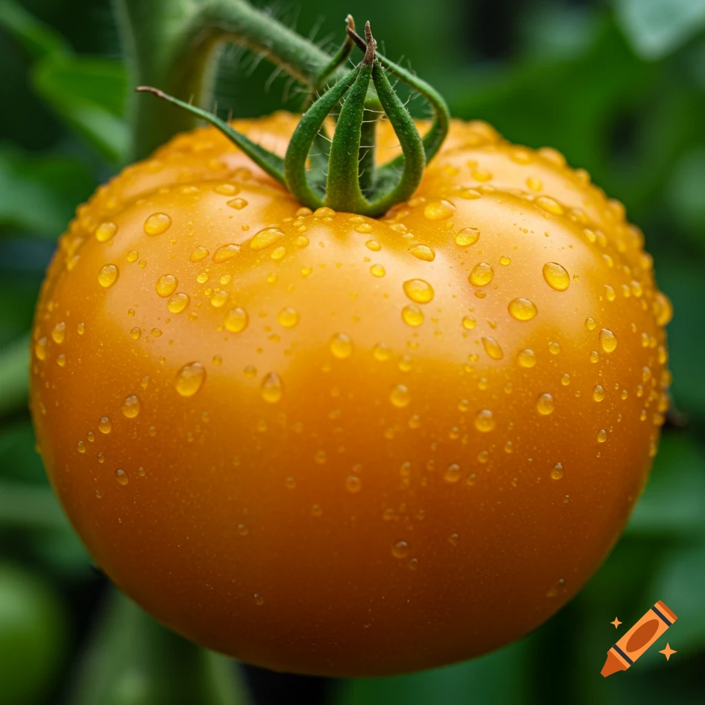 A close-up photo of a yellow tomato covered in water droplets on a vine