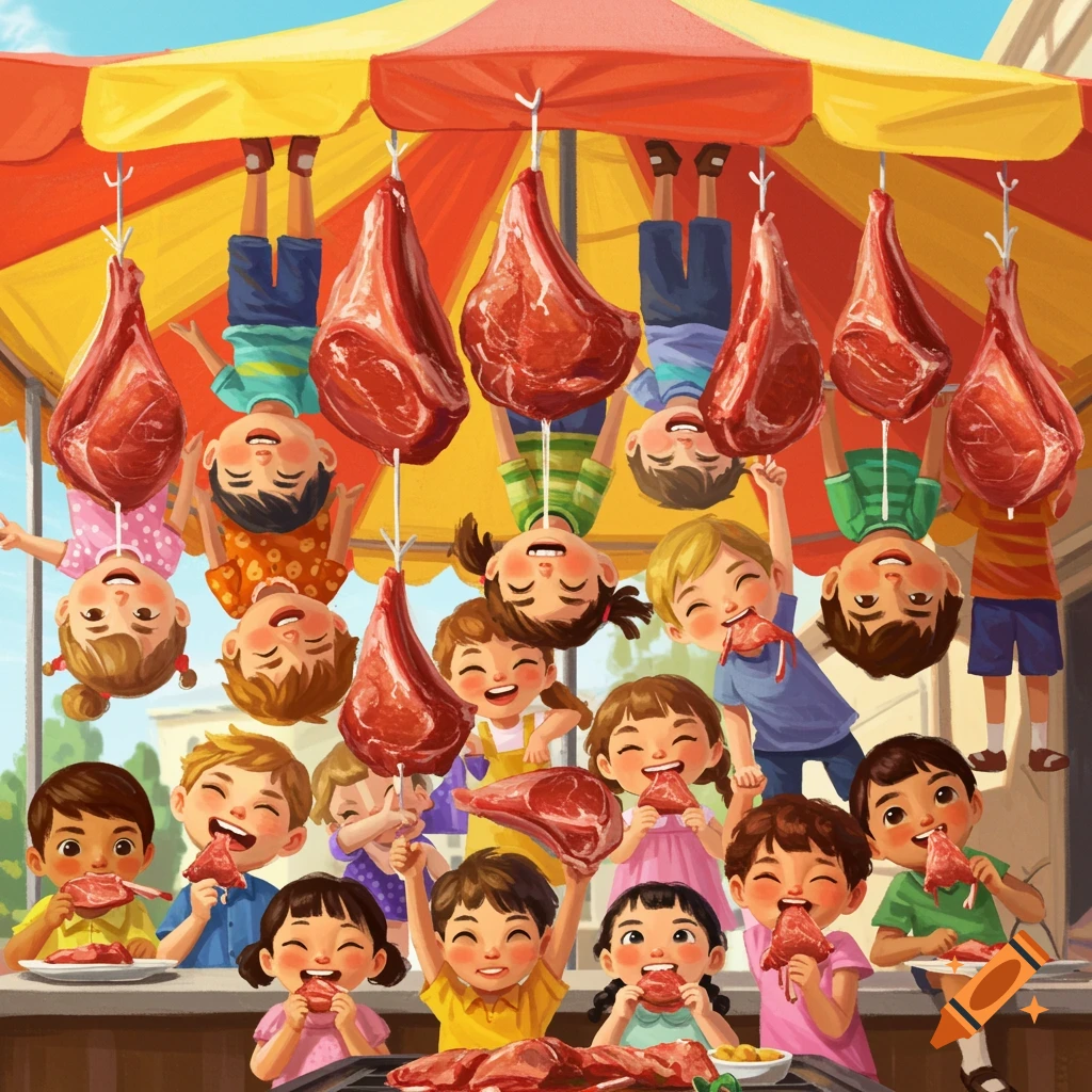Whimsical scene of smiling children hanging upside down from an awning, eating lamb chops.