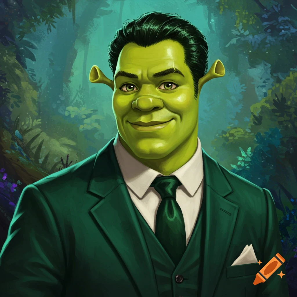 Shrek wearing a green suit and tie, smiling.