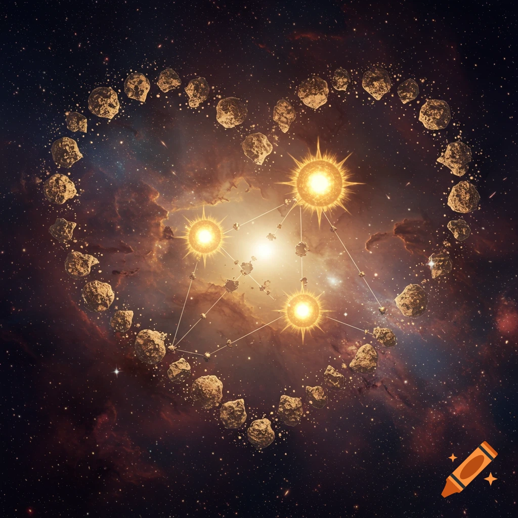 Heart shape formed by asteroids and suns in a cosmic setting with stars and nebulae.