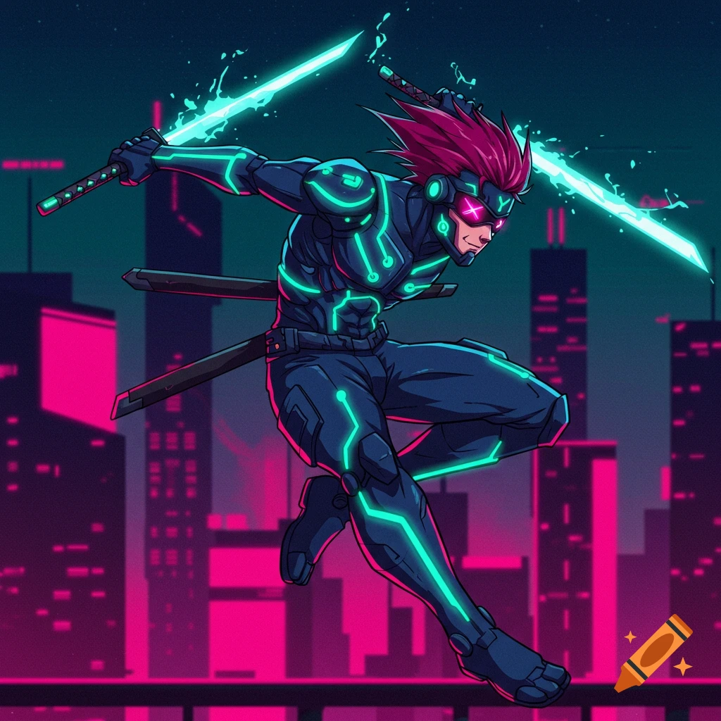 A stylized cyberpunk ninja with glowing swords leaps over a cityscape.