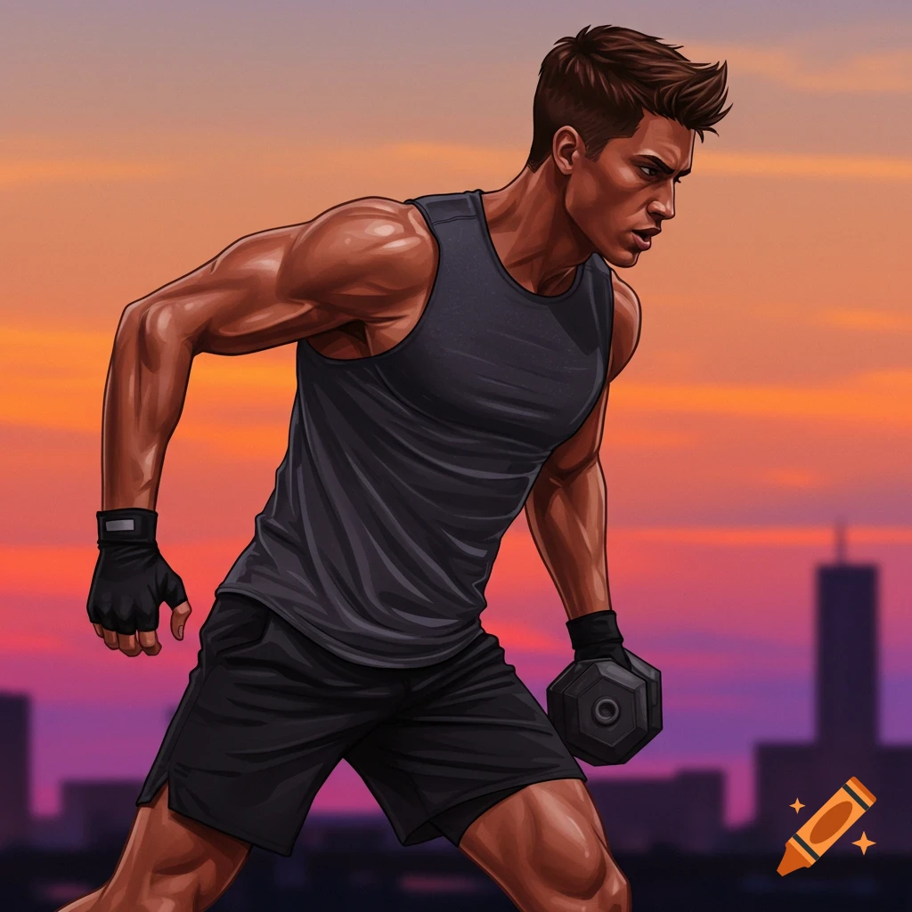 A muscular man is lifting a dumbbell at sunset with a cityscape in the background.