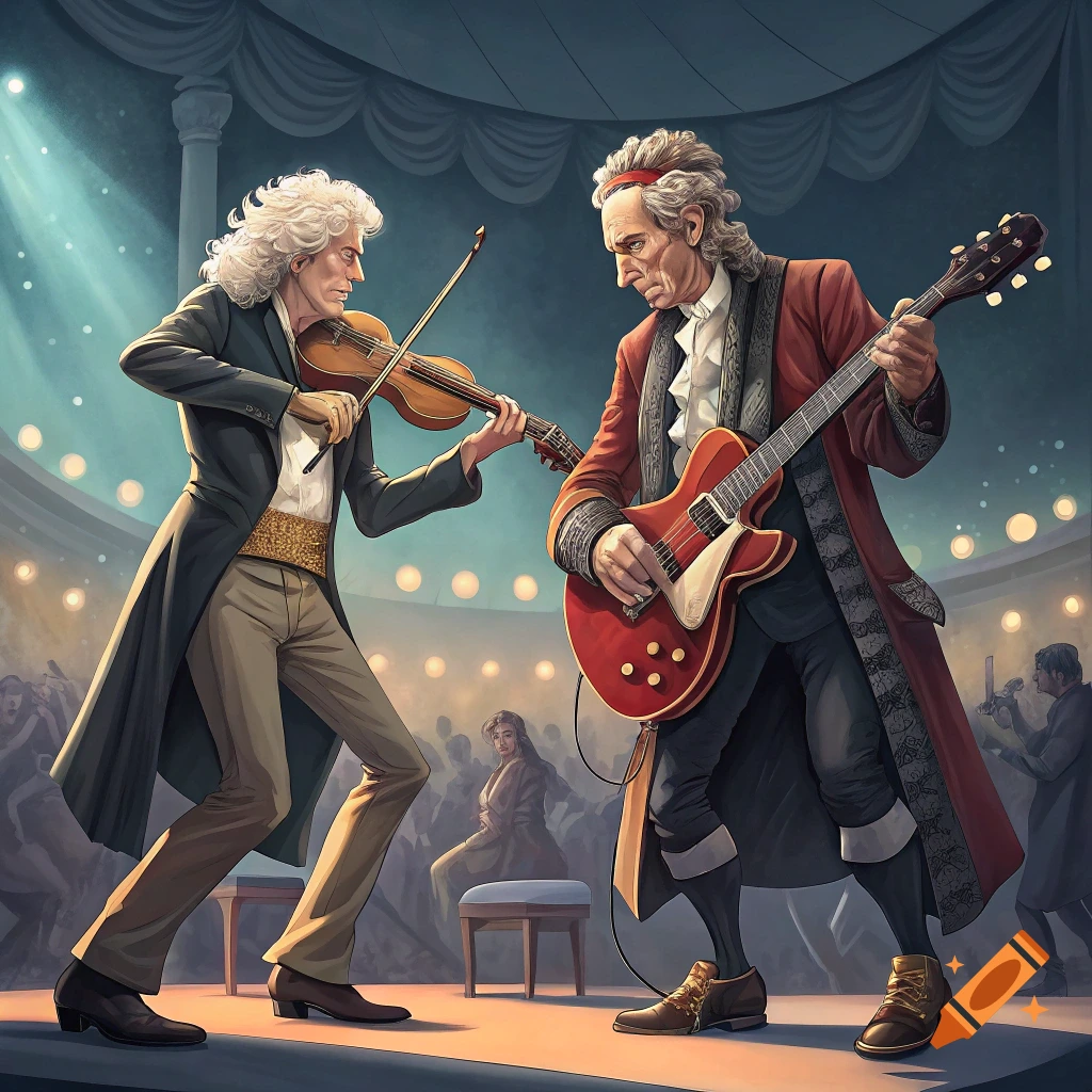 Stylized illustration of Bach playing violin and Keith Richards playing electric guitar on a stage.