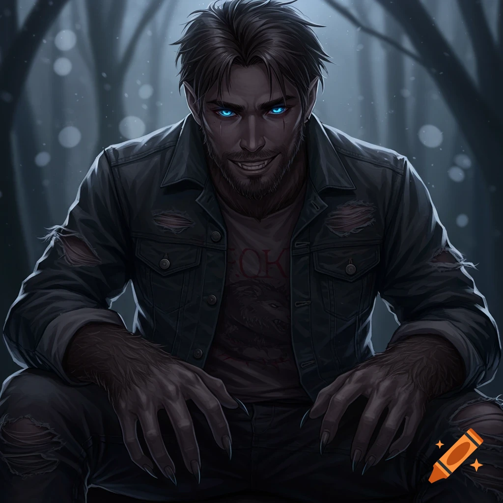 Werewolf in a jacket, sitting in a dark forest with glowing blue eyes and claws.