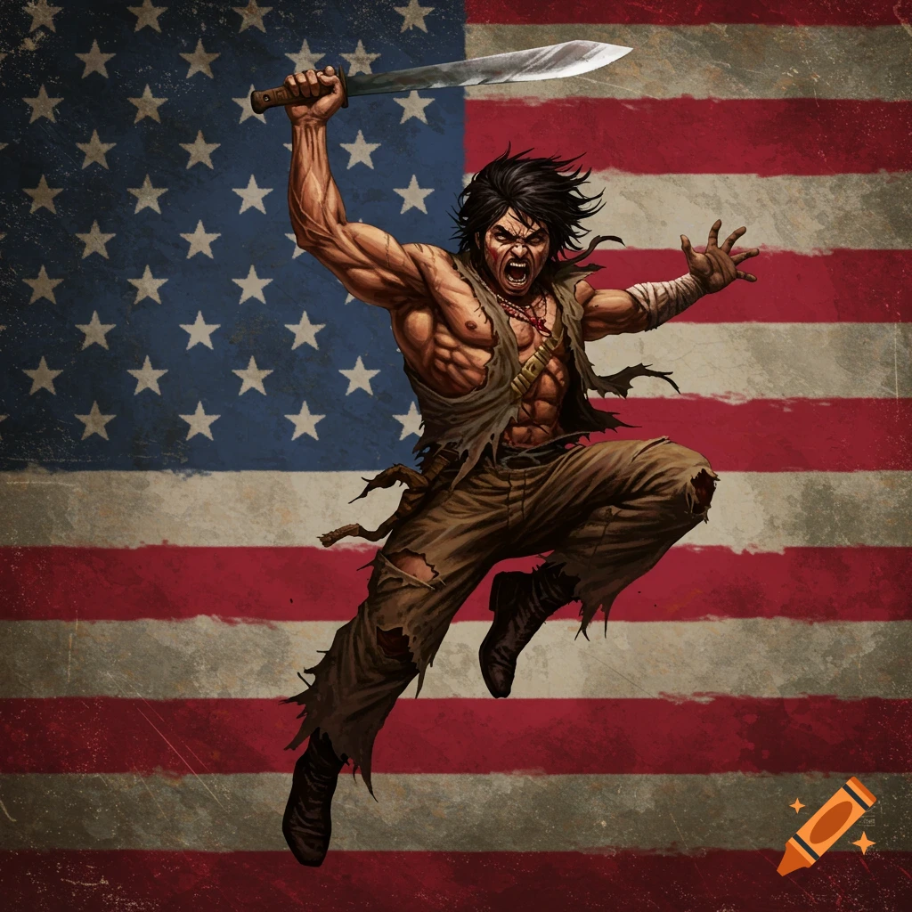 A fierce warrior leaps with a machete against a faded American flag.