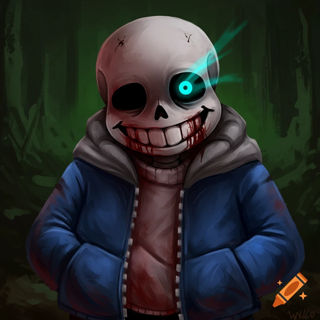 A skeleton with a glowing eye, bloody smile, and blue jacket stands in a dark forest.