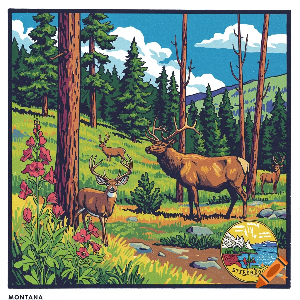 Pop art illustration of a forest scene with elk and deer, flowers, mountains, and a lake emblem.