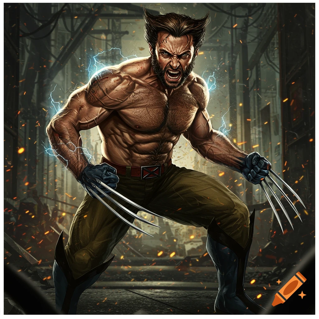 Wolverine with claws extended in a ruined environment.