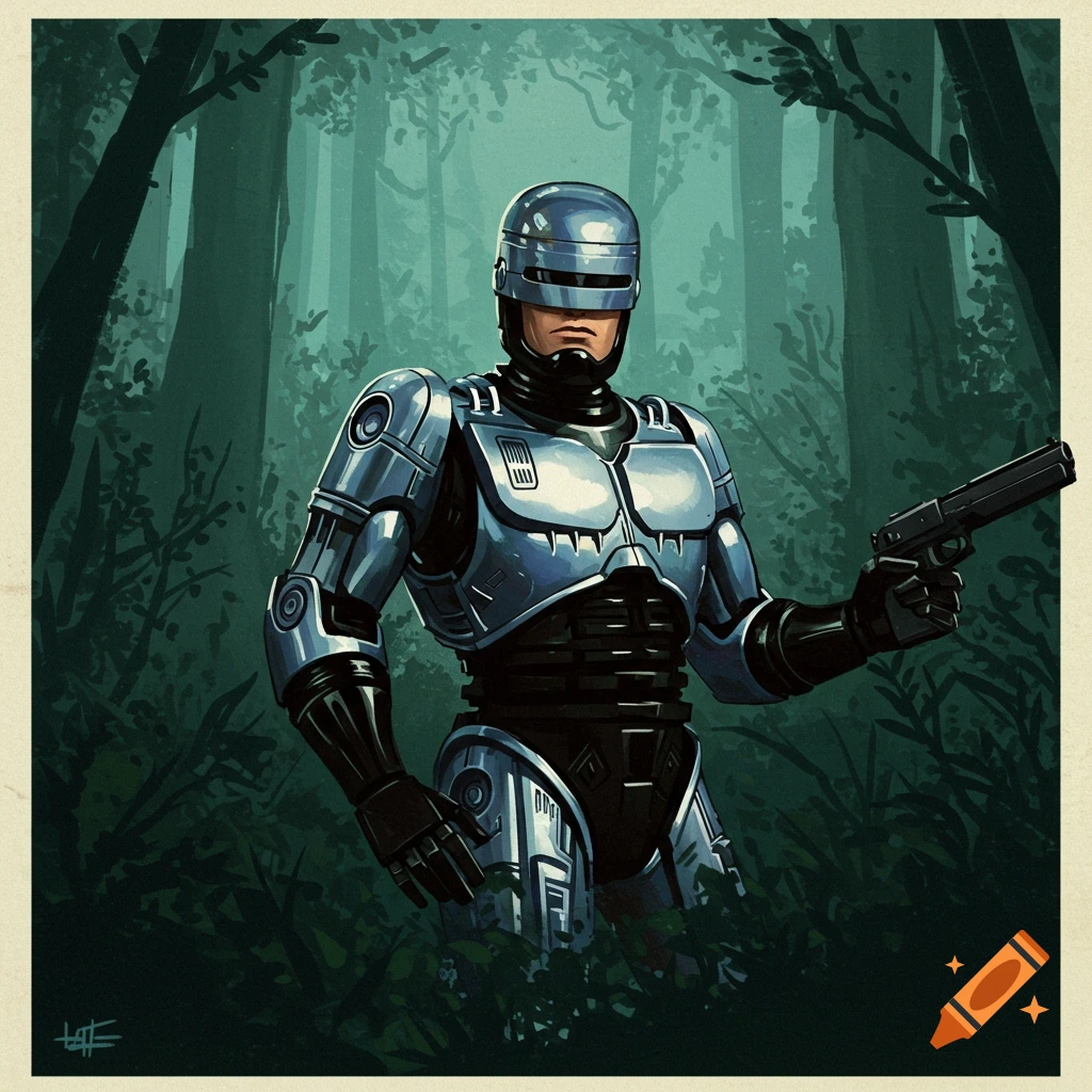 Robocop emerging from a forest, holding a gun.
