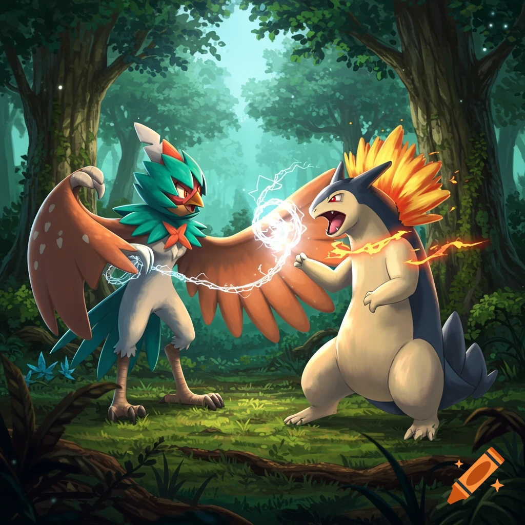 Hisuian Decidueye and Typhlosion fighting in a forest.