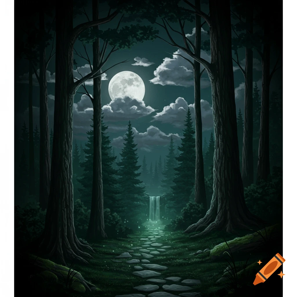 A stone path winds through a dark forest at night, illuminated by a full moon. A waterfall flows nearby.
