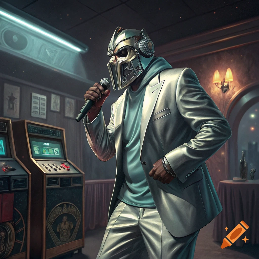 A person in a metal mask and white suit sings into a microphone in a bar with arcade machines.
