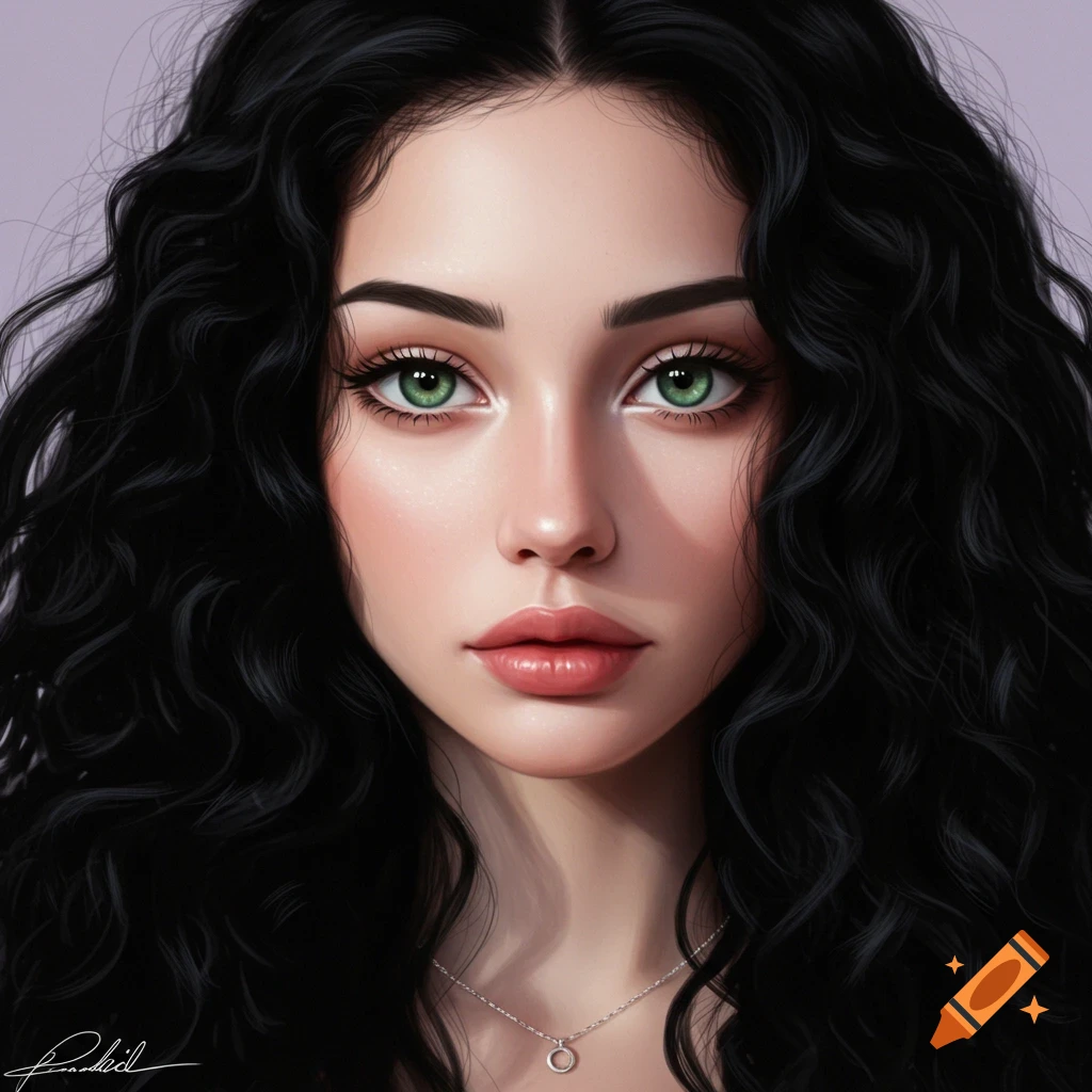 Close-up of a woman with long black curly hair and green eyes