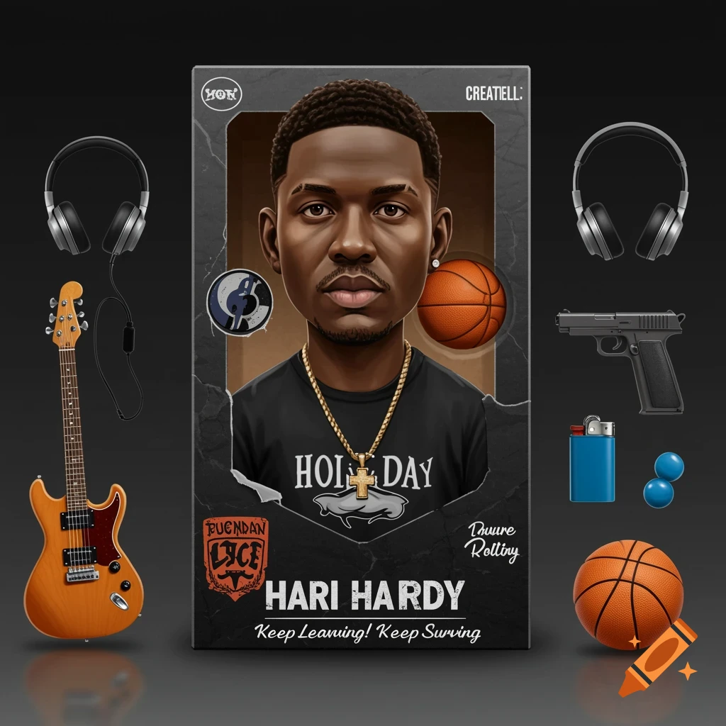 Action figure of a man in a box, surrounded by a guitar, headphones, basketball, and gun.