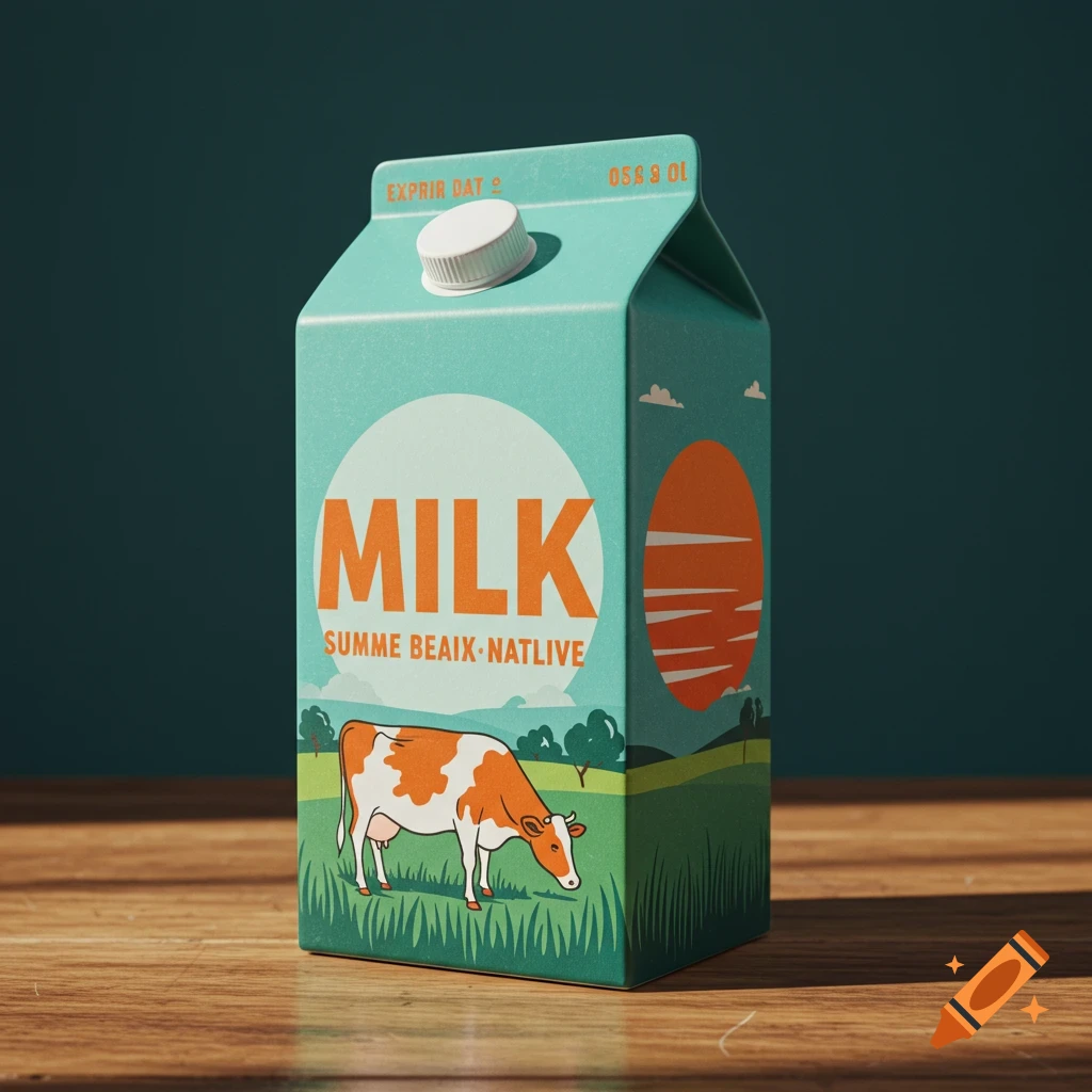 A retro 1950s style milk carton with teal background and orange lettering sits on a wooden surface.