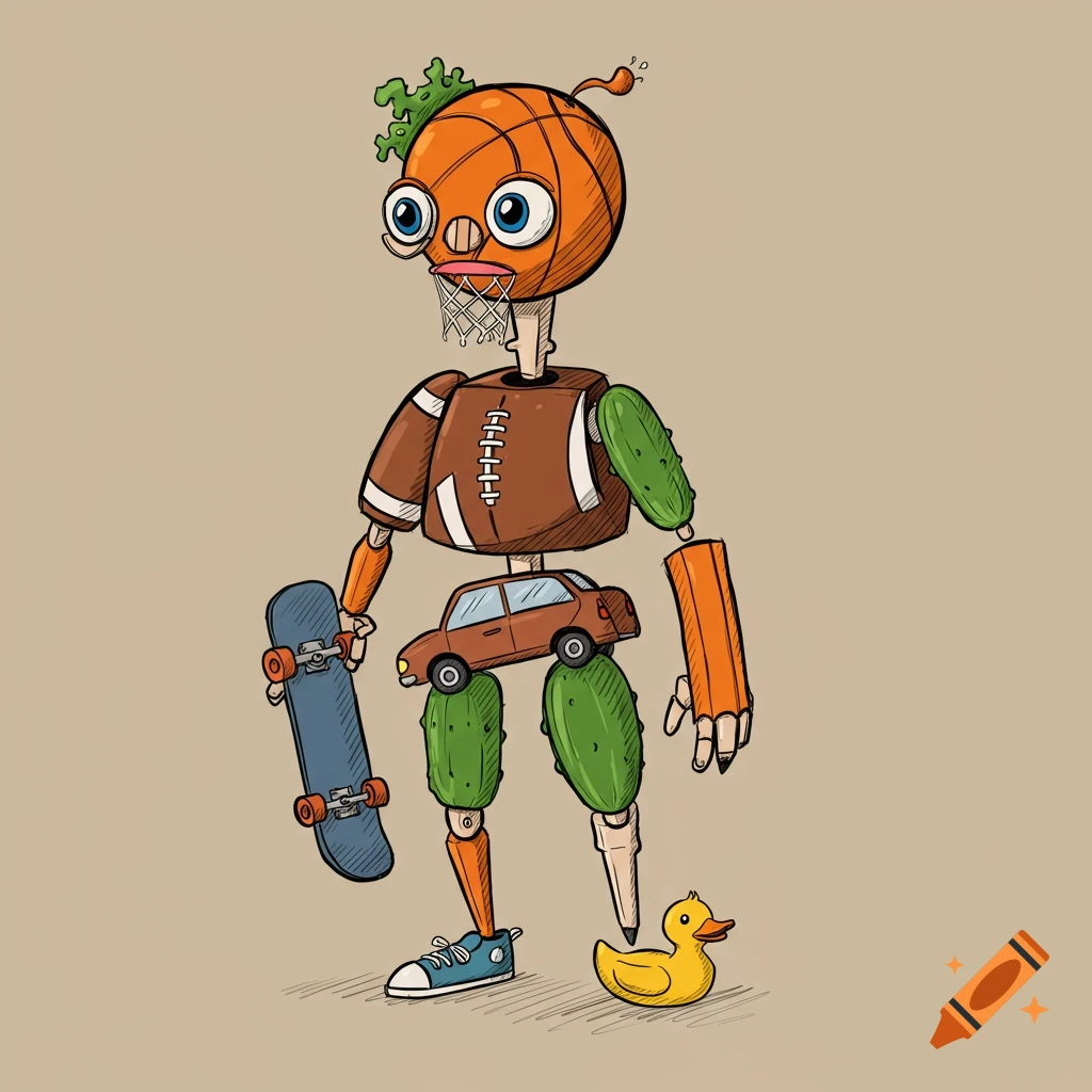 Cartoon illustration of a creature made of a basketball, football, car, cucumber, and other objects, holding a skateboard, next to a rubber duck.