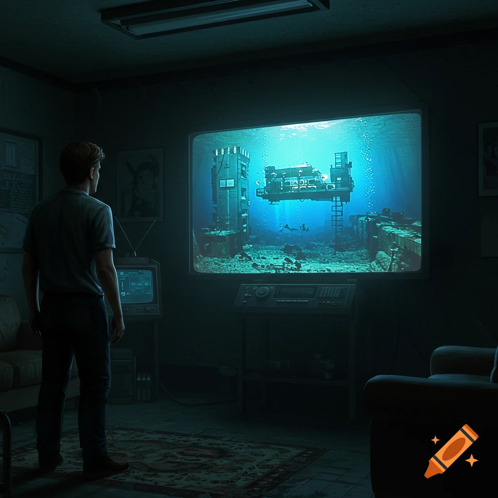 A man watching a screen showing an underwater base in a dark room.