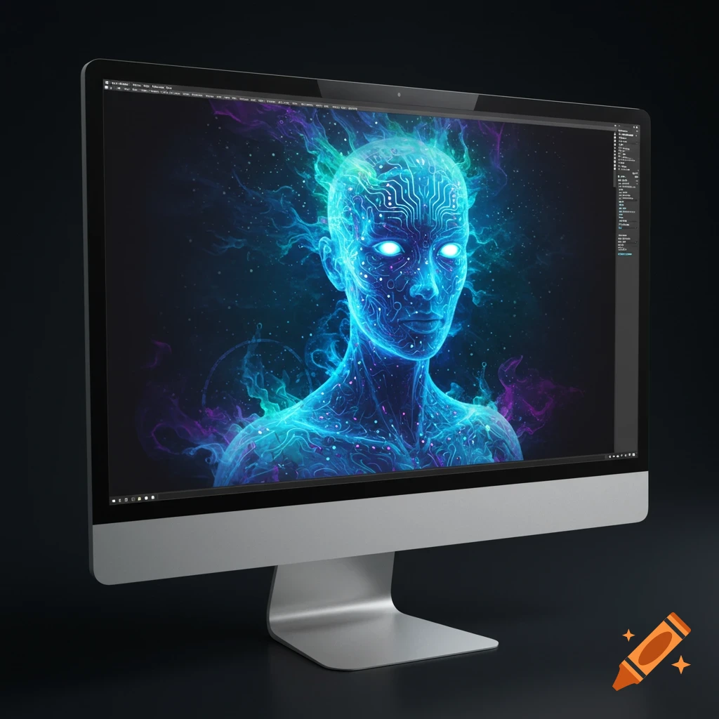 A computer screen displays a glowing blue AI head composed of circuits and energy.