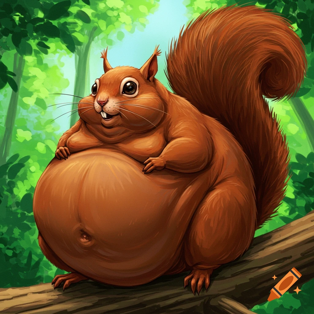A super obese squirrel sits on a tree branch in a forest.