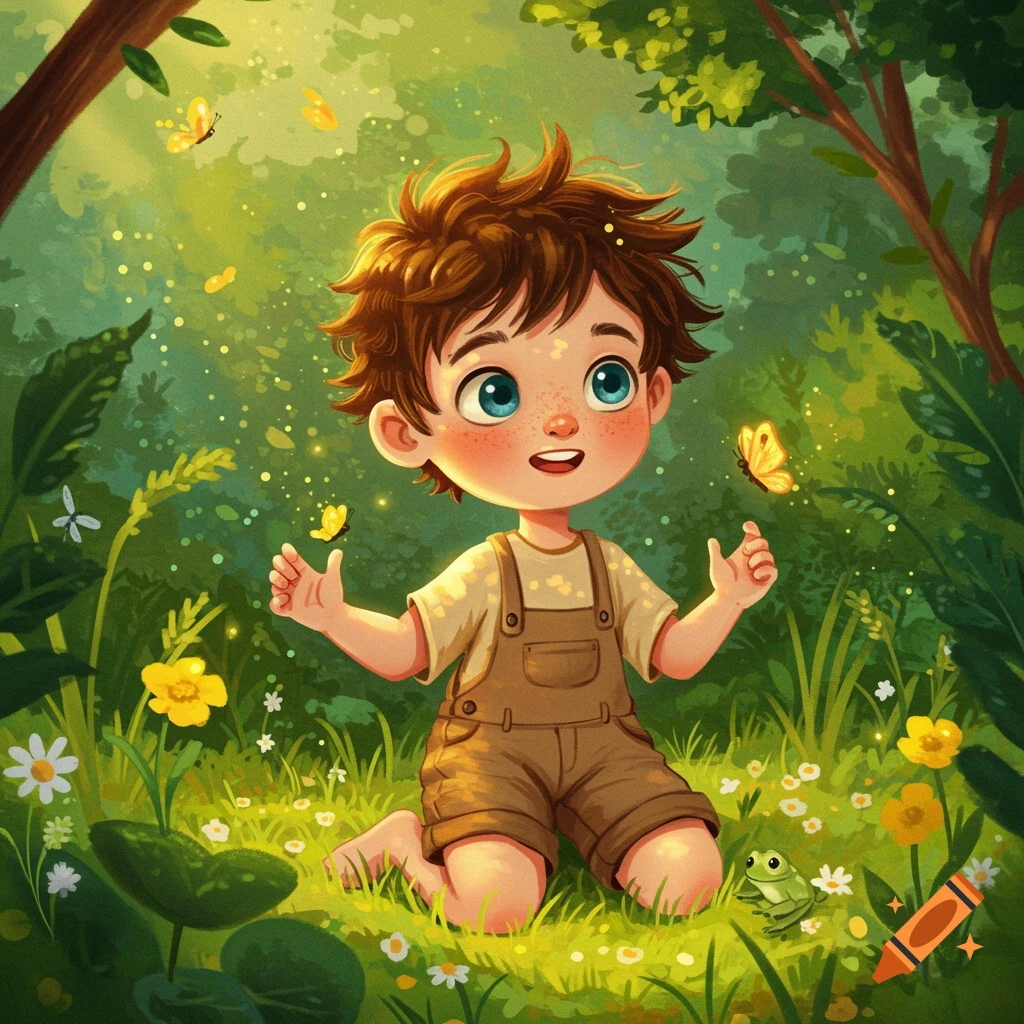 Whimsical image of a boy kneeling in a forest clearing, surrounded by flowers, butterflies, and a frog.