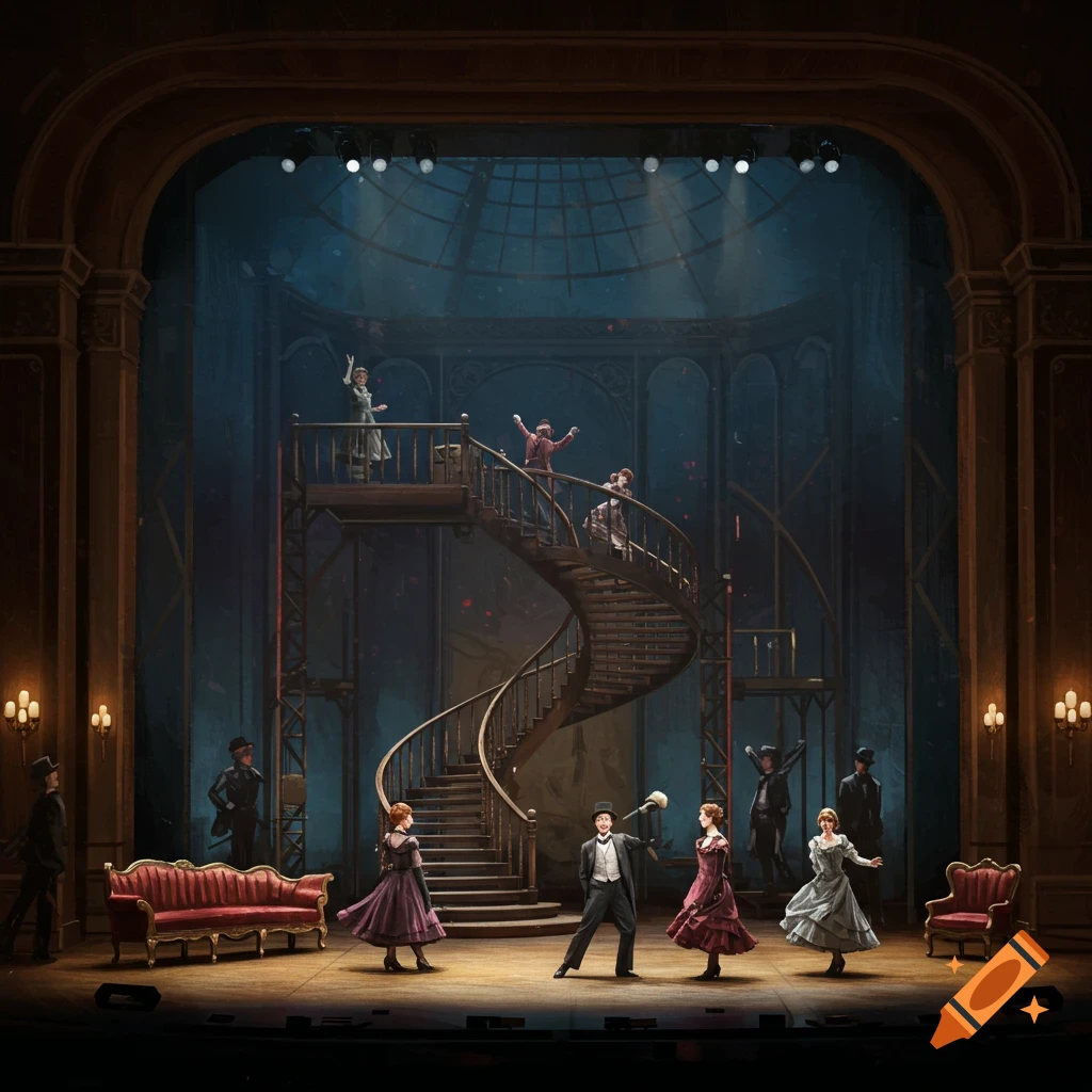 A digitally painted theatrical stage set with a spiral staircase, actors in period costumes, a sofa, and chairs.
