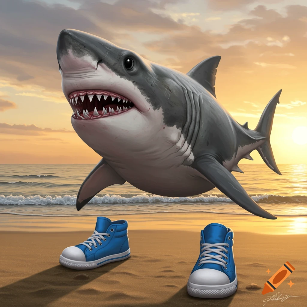 A shark wearing blue shoes is on a beach at sunset.