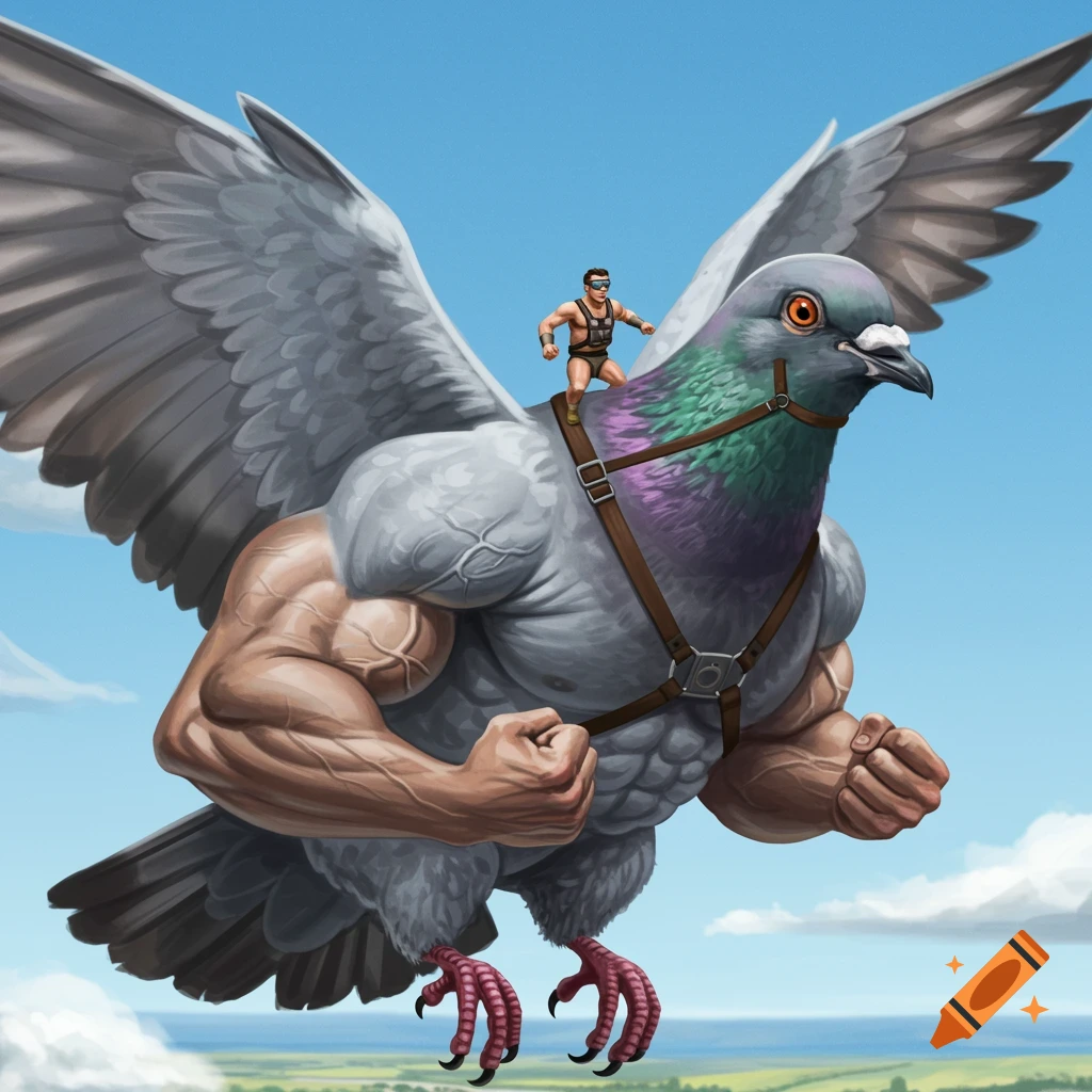 A giant muscular pigeon flies through the sky with a tiny human rider on its back.