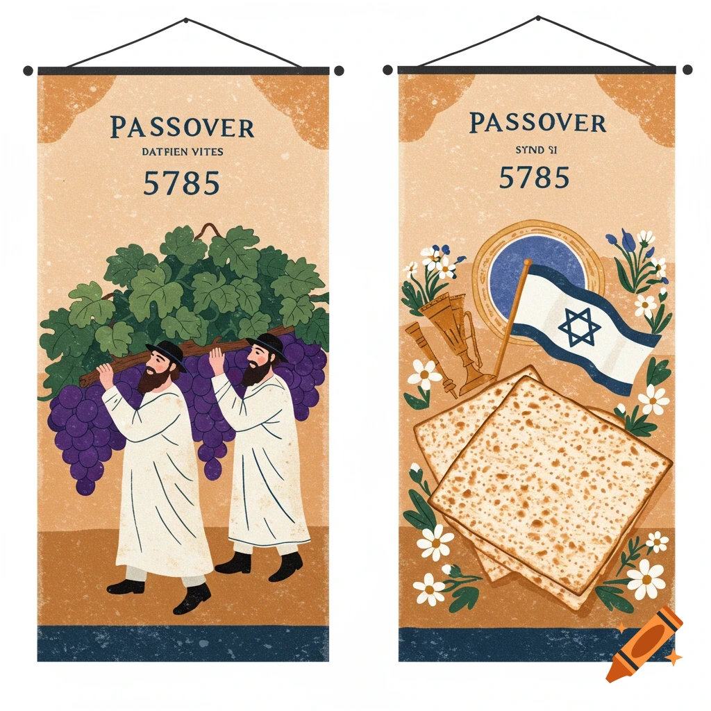 Two illustrated banners for Passover. One shows two men carrying grapes, the other has matzah, Israeli flag, and flowers.