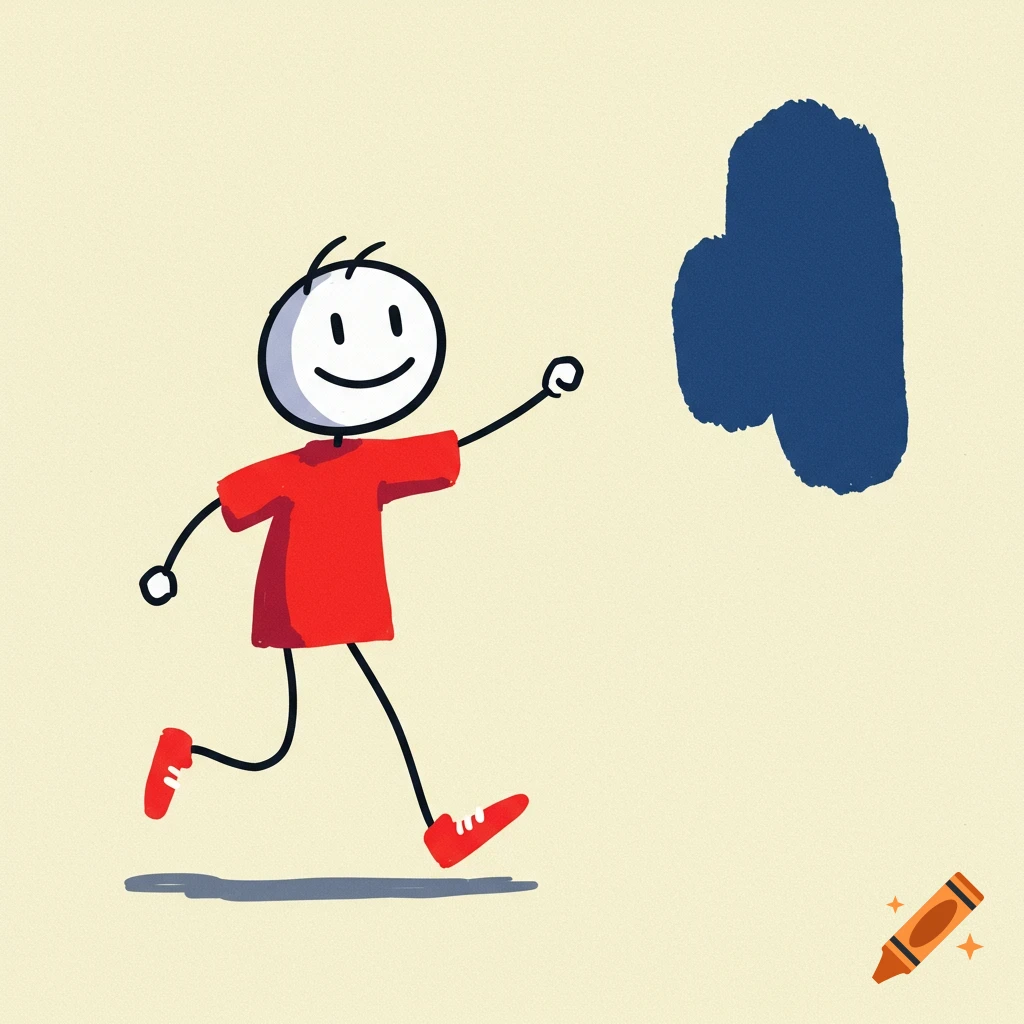 Simple digital illustration of a stick figure person in red running towards a large blue shape.