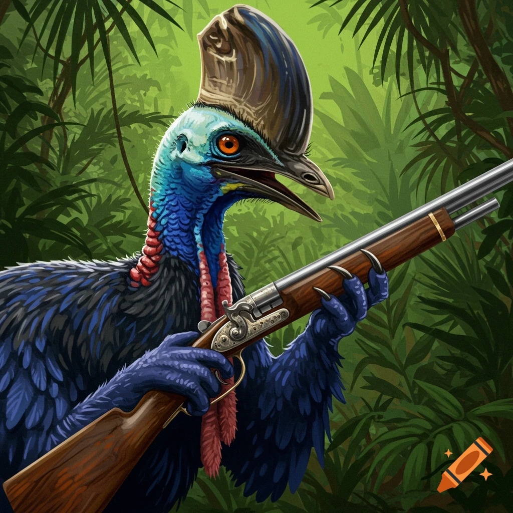 A cassowary bird holding a rifle in a jungle