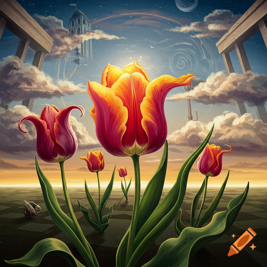 Surreal scene of large tulips in a landscape with strange structures and a cloudy sky.