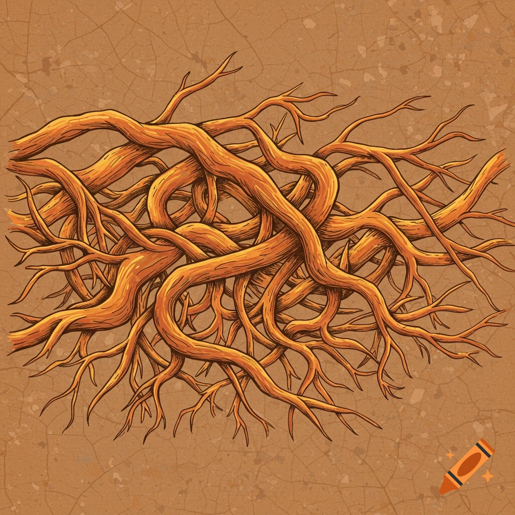 Tangled brown roots on a cracked brown background in a hand-drawn style.