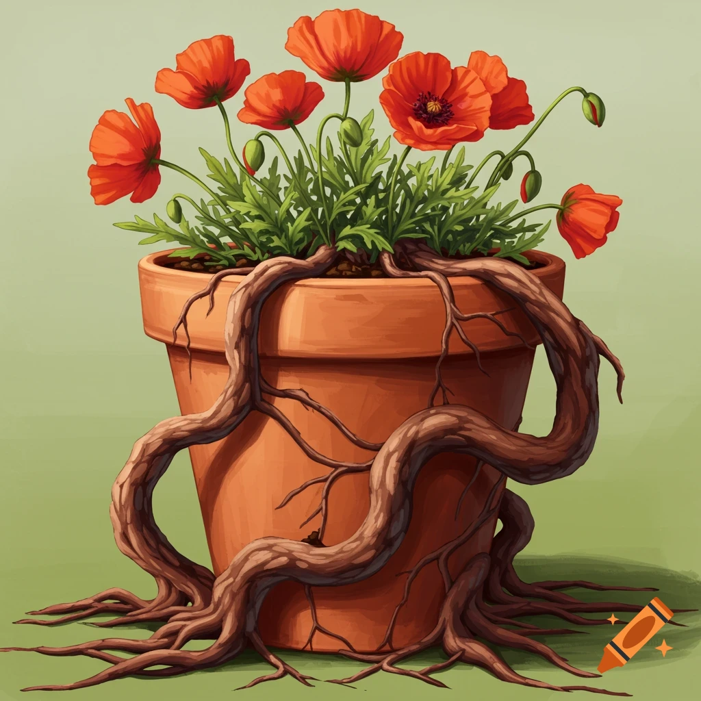 A pot plant with poppy flowers and tangled roots emerging from the pot.