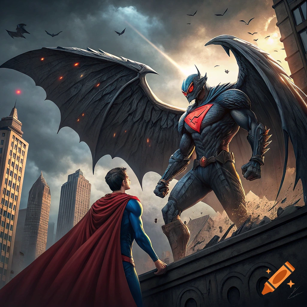 Superman confronts a dark, winged creature with red eyes in a city.