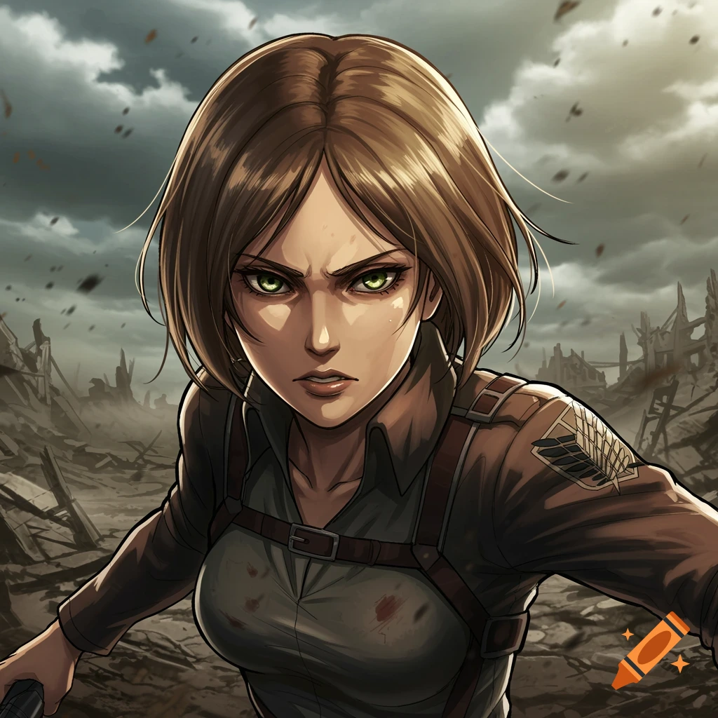 Anime illustration of a determined woman with brown hair and green eyes in a military uniform in a ruined city.
