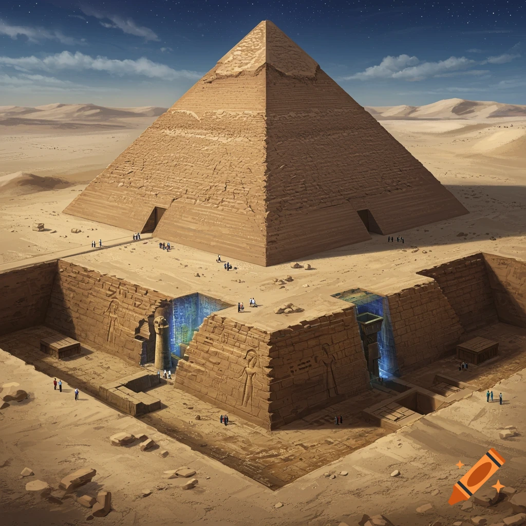 A large pyramid and an excavated area around its base with researchers and mysterious blue glowing elements.