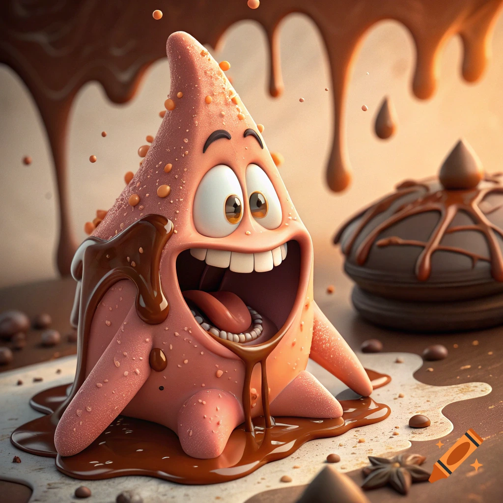 Cartoon character covered in melted chocolate and caramel