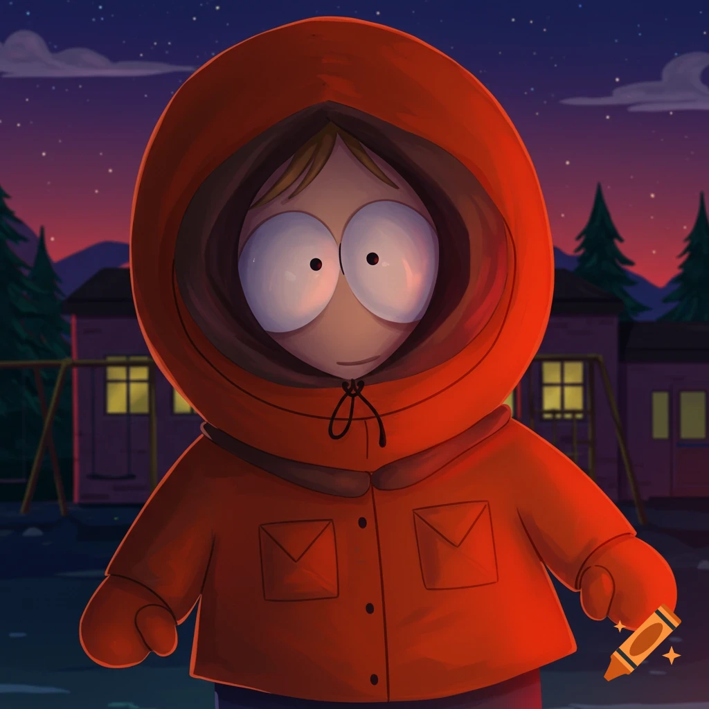 Cartoon of Kenny from South Park in his orange parka standing in a park at night.