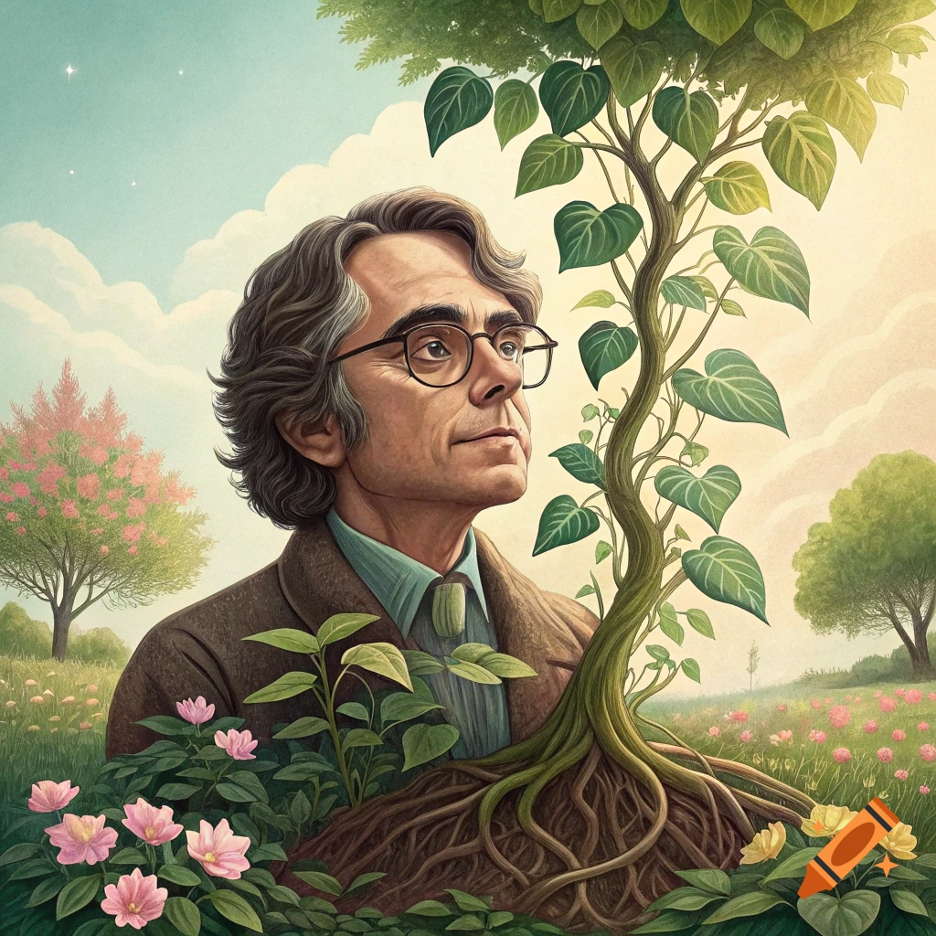 Portrait of a man with glasses and a large plant with roots in a flowery field.