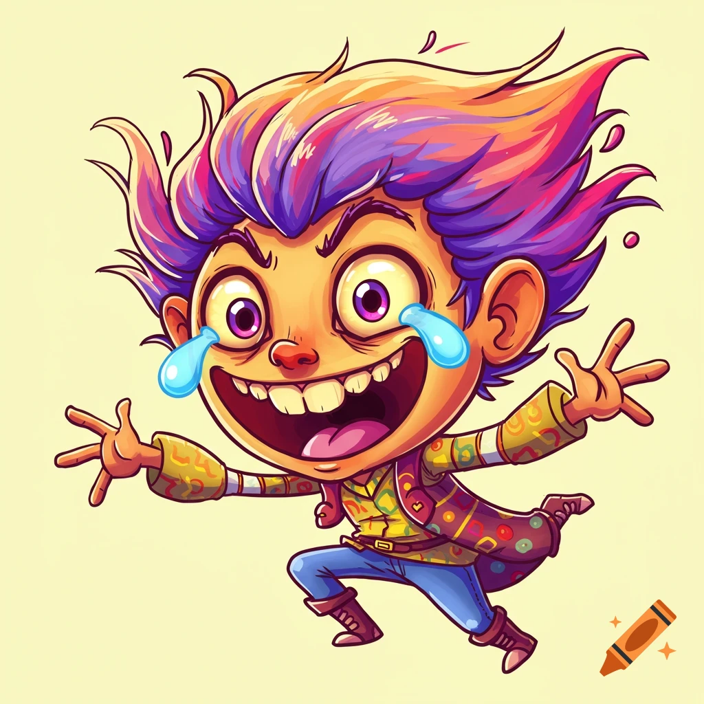 Cartoon character with spiky hair, wide eyes, tears of joy, and a big smile